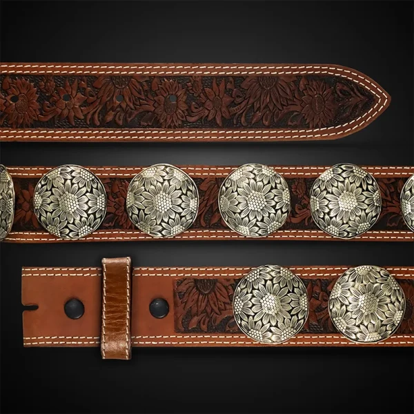 The Silver Birch Concho Leather Belt is made using 16 conchos of your choice, crafted with double-lined top-grain leather for durability and lasting quality.